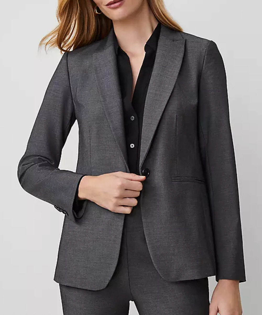 NEW ANN TAYLOR DARK GREY LONG ONE SINGLE BUTTON BI-STRETCH BLAZER JACKET SZ 10